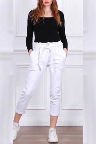 White Stretch Fit Paperbag Jeans