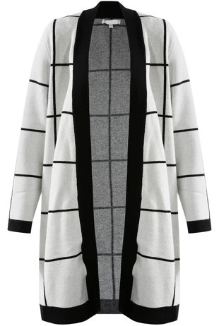 White Square Check Long Open Cardigan