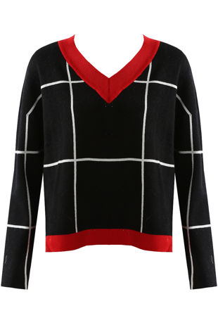 Black V Neck Check Jumper