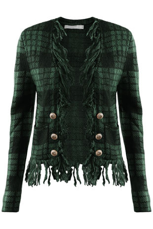 Green Check Fringe Trim Open Cardigan