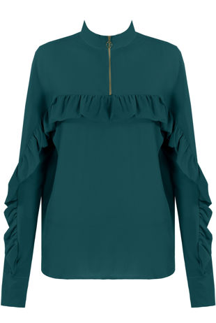 Green Zip Up High Neck Frilled Trim Tops