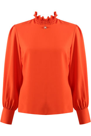 Orange Ring Pearl Trim High Neck Blouse 