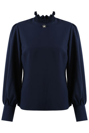 Navy Ring Pearl Trim High Neck Blouse 