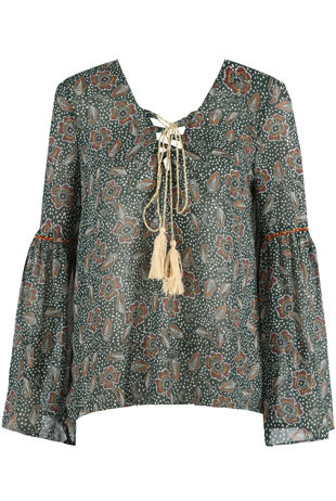 Tie Up Flounce Sleeves Printed Blouse in Camel-Copy