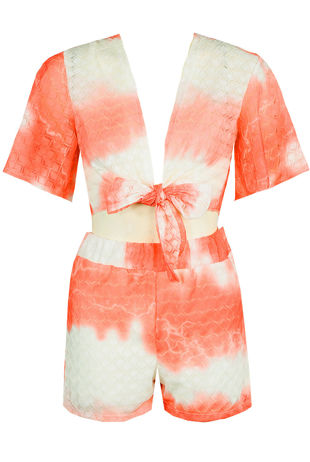 Coral Tie Dye Print Front Knotted Tops & Shorts Set