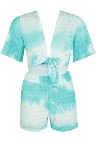 Green Tie Dye Print Front Knotted Tops & Shorts Set