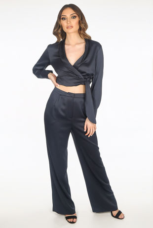Satin Cropped Blouse and Trouser Set In Navy