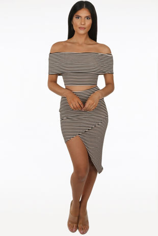 Beige Off Shoulder Top & Leg Slit Skirt Set