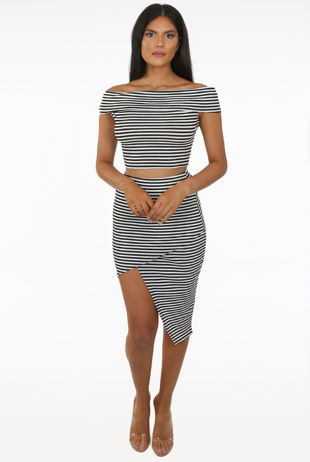 Black Off Shoulder Top & Leg Slit Skirt Set