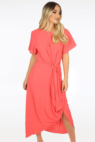 Coral Tie Up Waist Wrap Dress