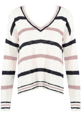 V Neck Jumper With Pink And Navy Stripe