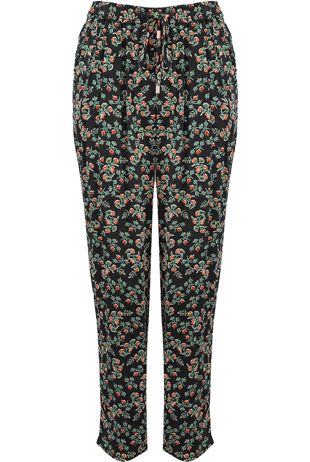 Black Floral Print Tie Up Trousers