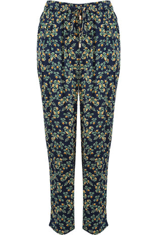 Floral Print Tie Up Trousers in Navy
