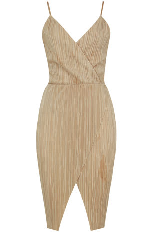 Beige Crinkle Cross Over Bodycon Dress