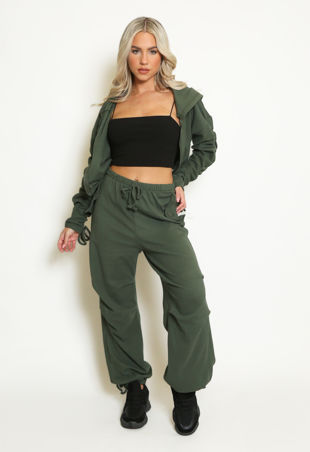 Khaki Fleece Ruched Sleeve Hoodie & Trouser Set 