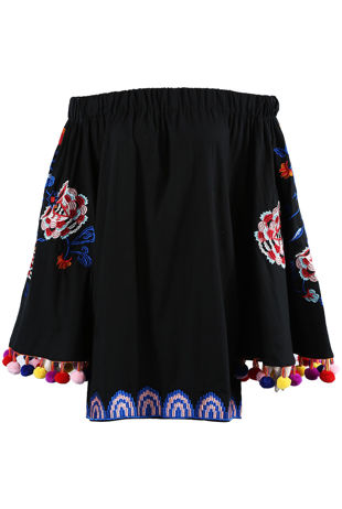 Black Off Shoulder Embroidered Pom Pom Blouse