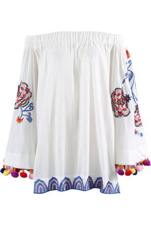 White Off Shoulder Embroidered Pom Pom Blouse