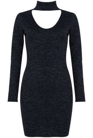 Navy and Grey Choker Neck Long Sleeves Bodycon Dress