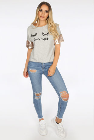 Grey Sequin Sleeves GOOD NIGHT Slogan Tee