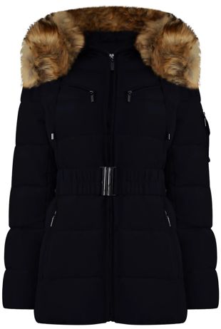 Navy Quilted Natural Fur Puffer Jackets