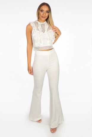 White High Waisted Crepe Flare Trousers