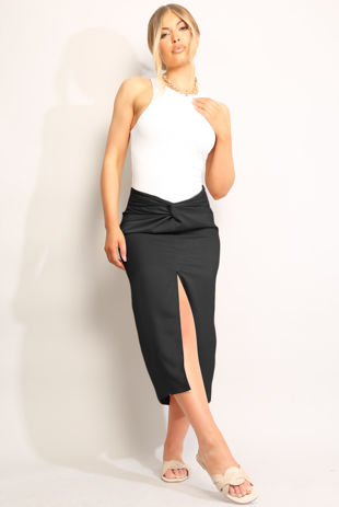 Black Twist Waist Front Slit Midi Skirt