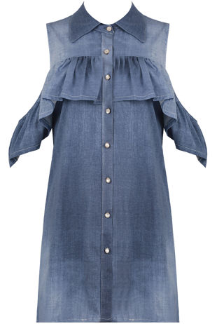  Blue Denim Cold Shoulder Shirt Dress