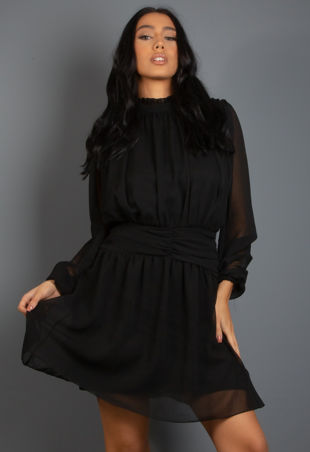 Black Frilled High Neck Chiffon Mini Dress