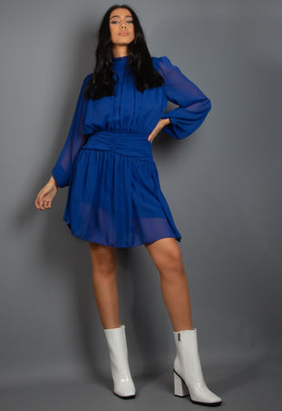 Royal Blue Frilled High Neck Chiffon Mini Dress