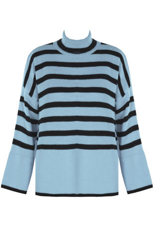 Sky Blue Monochrome High Neck Striped Jumper