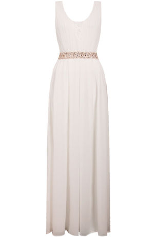 White Front Lace Pleated Trimming Back Zip Up Maxi Dress 