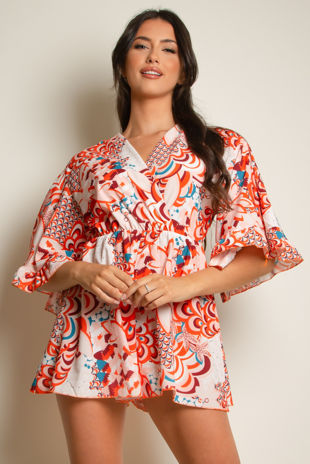 Red Floral Print V Neck Wrap Up Playsuit 