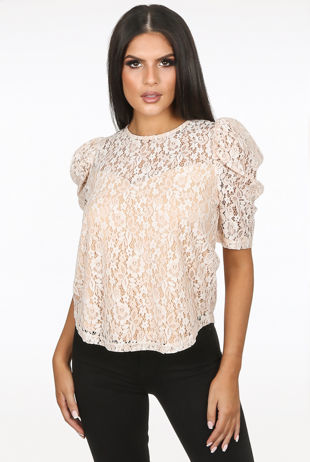Beige Lace Floral Print Back Button Up Blouse