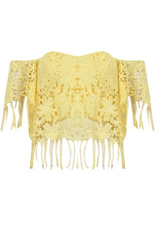 Yellow Floral Lace Off the Shoulder Tasselled Top