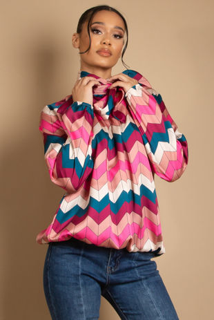 Pink Wavy Tie Neck Blouse 