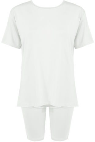 White Plain Round Neck Cycling Shorts Loungewear Set 
