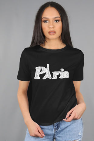 Black Glitter PARIS Slogan Print T-Shirt