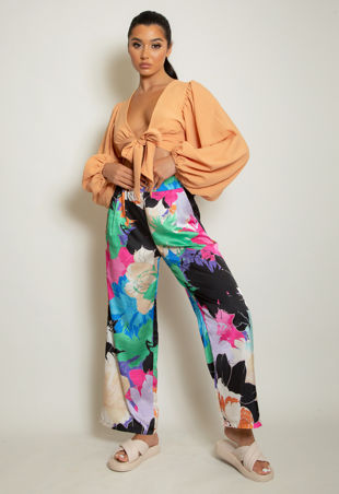 Satin Floral Print Wide Leg Trouser