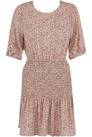 Beige Floral Mini Dress With Gatherings