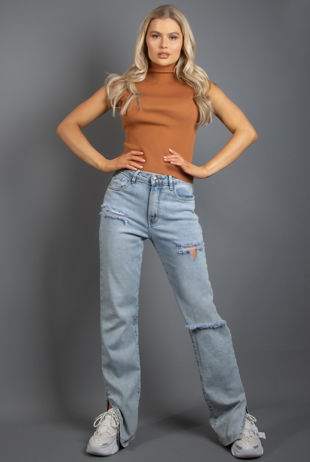 Light Brown Ribbed High Neck Crop Tops