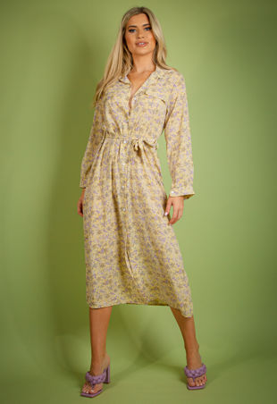 Yellow Vintage Floral Print Belted Shirt Dress