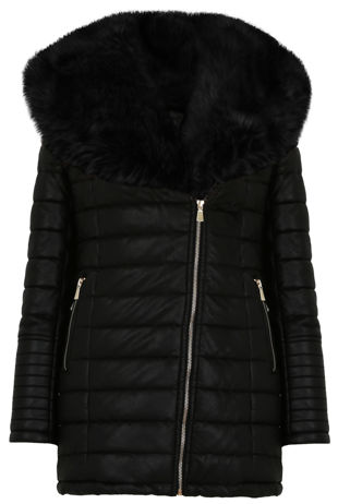 Black Fur Collar Padded PU Black Jacket 