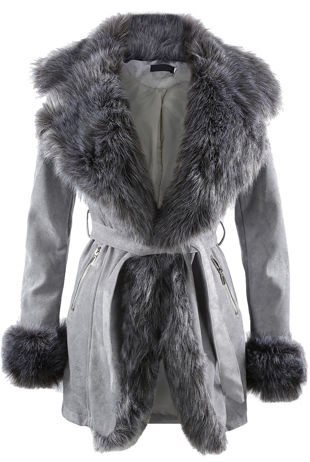 Suede Fur Trim Longline Tie Up Coat