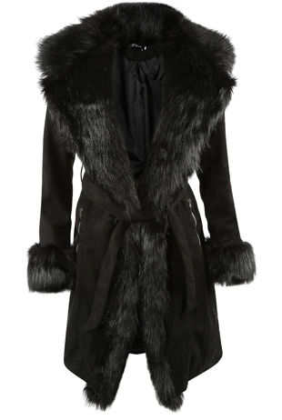 Black/ Suede Faux Fur Collar Longline Tie Up Coat