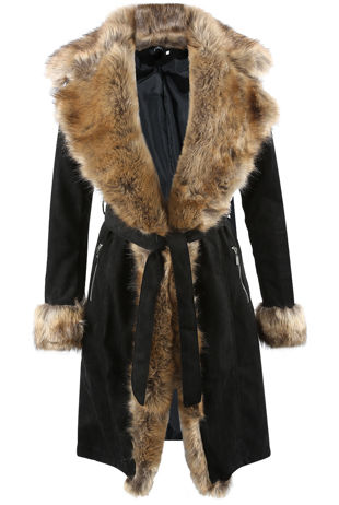 Black with Natural Fur Suede Faux Fur Collar Longline Tie Up Coat