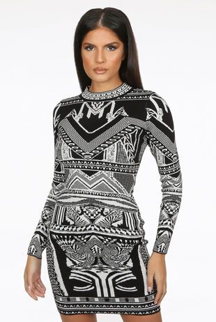 Aztec Print Fine Knit Midi Dress In Black And White