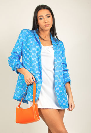 Blue Monogram Ruched Sleeve Open Blazer-Copy