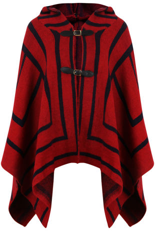 Red With Navy Striped Knitted Poncho 