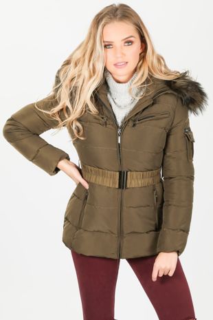 Khaki Belted Quilted Puffer Jacket With Faux Fur -Copy