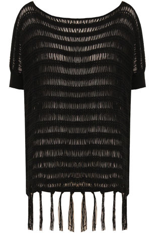 Black Loose Knit Tassel Trim Slouch Oversize Short Sleeved Jumper
